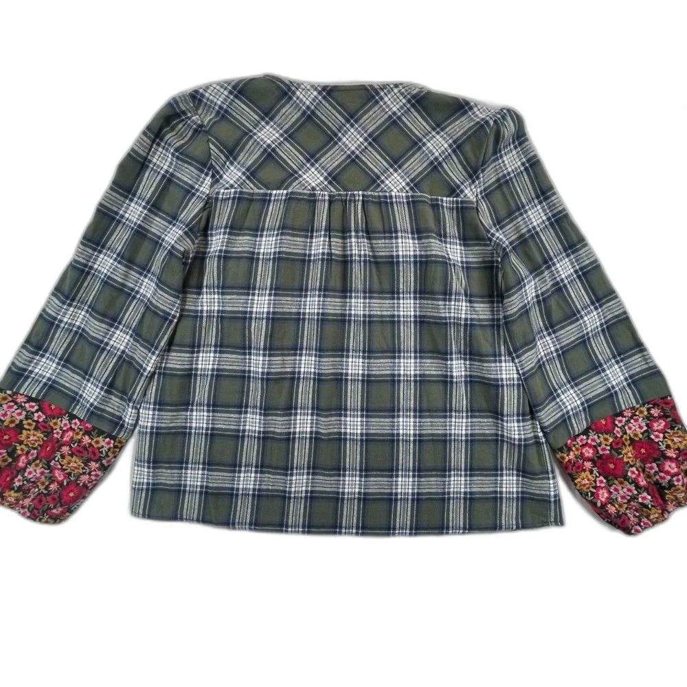 Savanna Jane Plaid Floral Embroidered Peasant Blouse L Green Cottagecore Boho